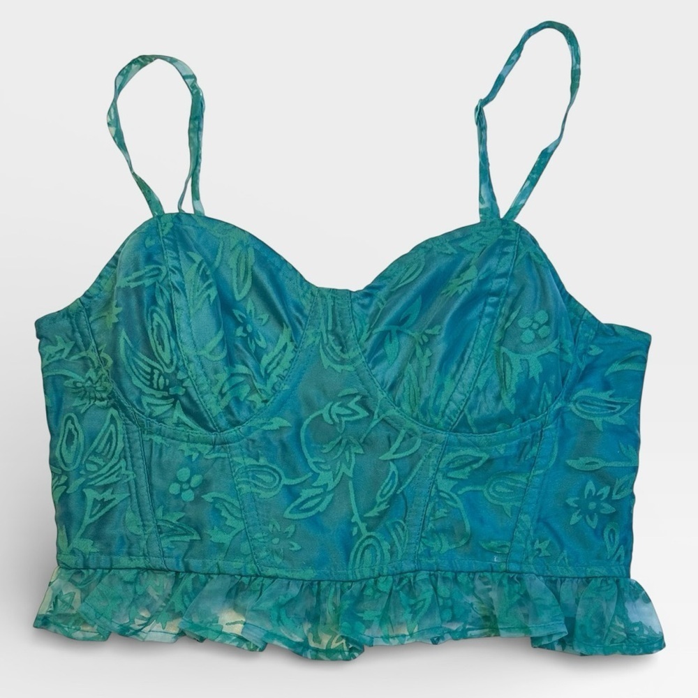 Free People Now or Never Corset Crop Tank Ruffle Floral Textured Teal Green XS